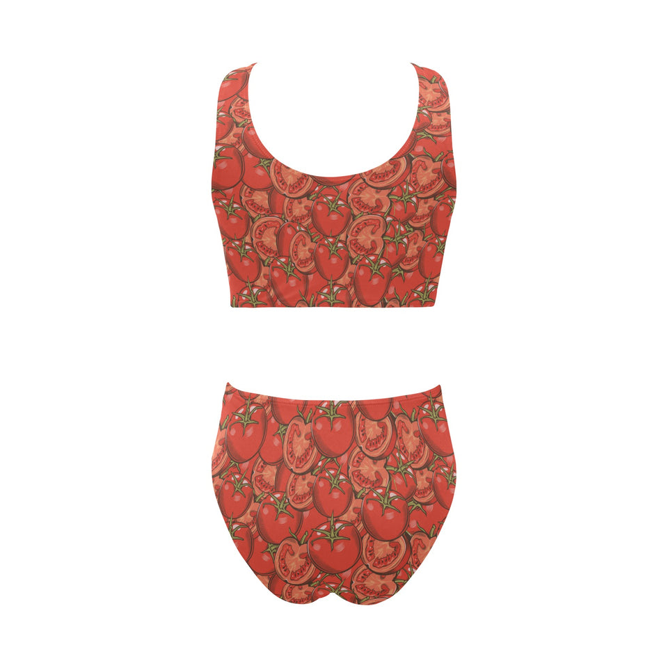 Red Tomato Pattern Chest Bowknot High Waisted Bikini Swimsuit