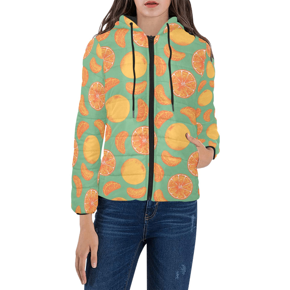 orange fruit pattern green background Women's Padded Hooded Jacket