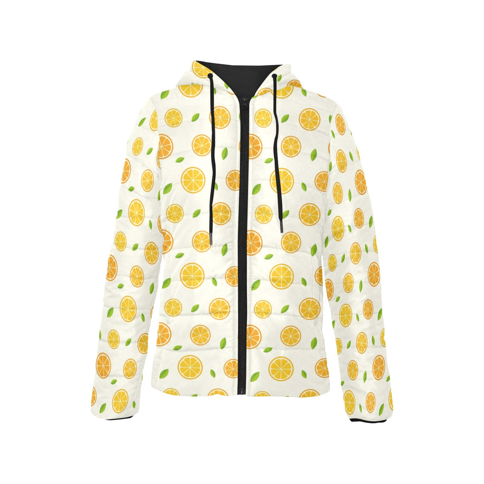 oranges leaves pattern Women's Padded Hooded Jacket