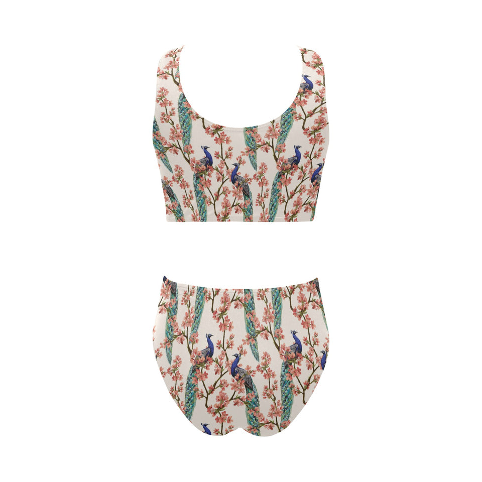 Peacock tropical flower pattern Chest Bowknot High Waisted Bikini Swimsuit