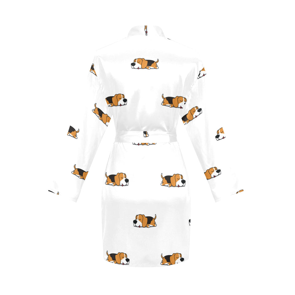 Cute beagle dog sleeping pattern Women's Long Sleeve Belted Night Robe