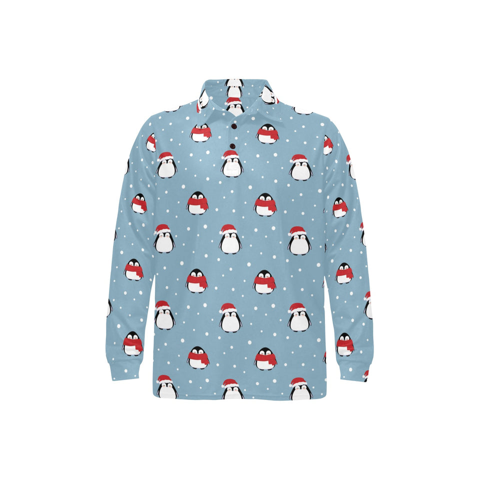 Cute penguin christmas snow pattern Men's Long Sleeve Polo Shirt