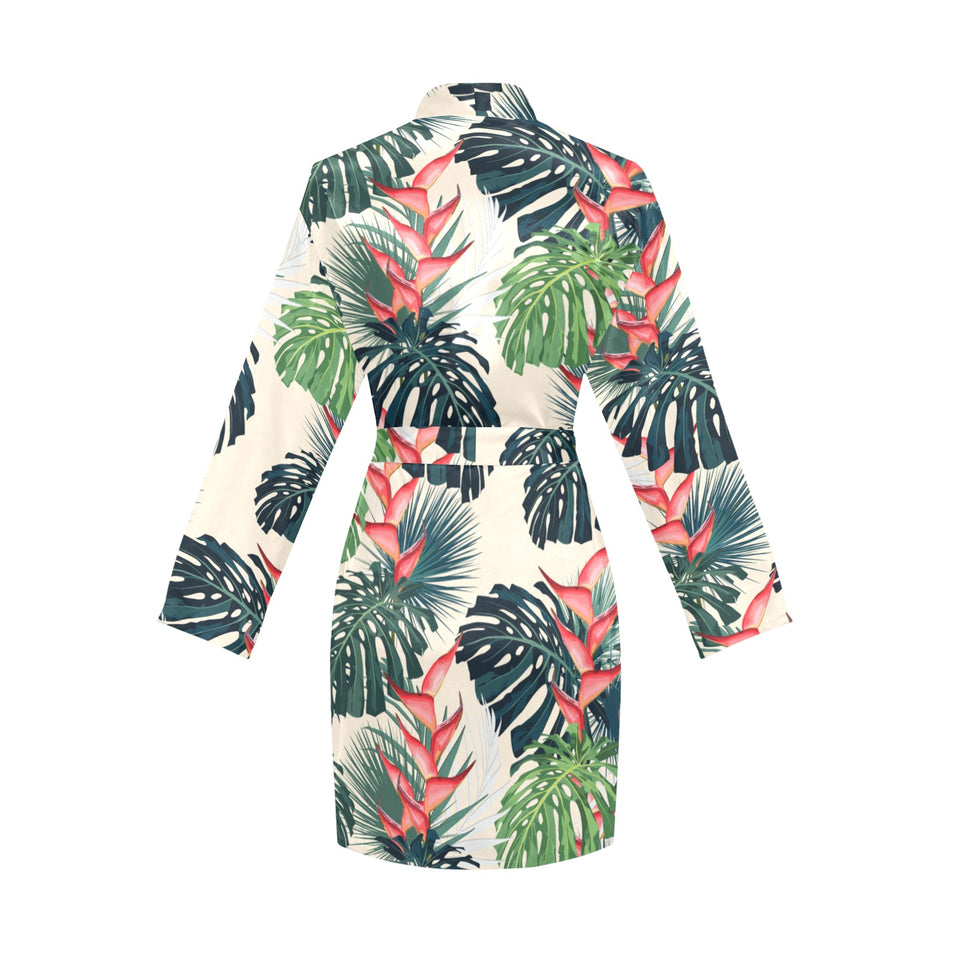 heliconia flowers, palm and monstera leaves Women's Long Sleeve Belted Night Robe