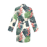 heliconia flowers, palm and monstera leaves Women's Long Sleeve Belted Night Robe