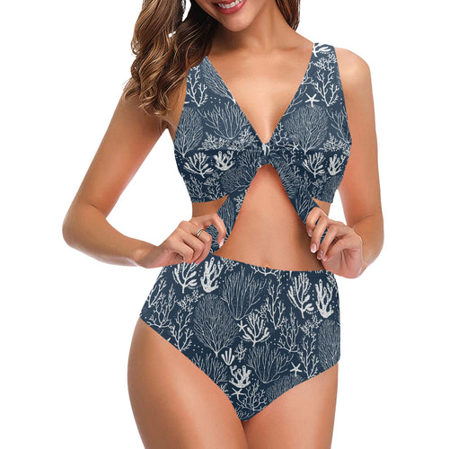 Coral Reef Pattern Print Design 05 Chest Bowknot High Waisted Bikini Swimsuit