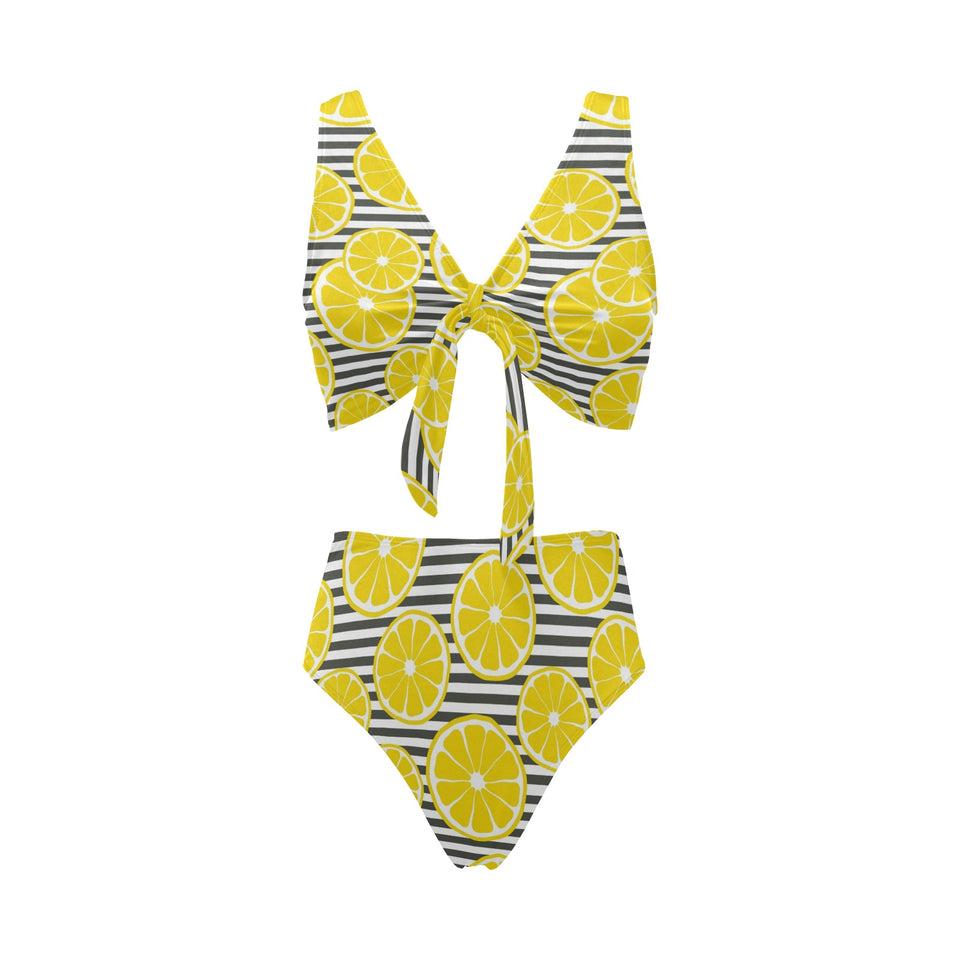 slice of lemon design pattern Chest Bowknot High Waisted Bikini Swimsuit