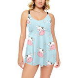 Cute cow flower pattern Chest Sexy Pleated Two Piece Swim Dress