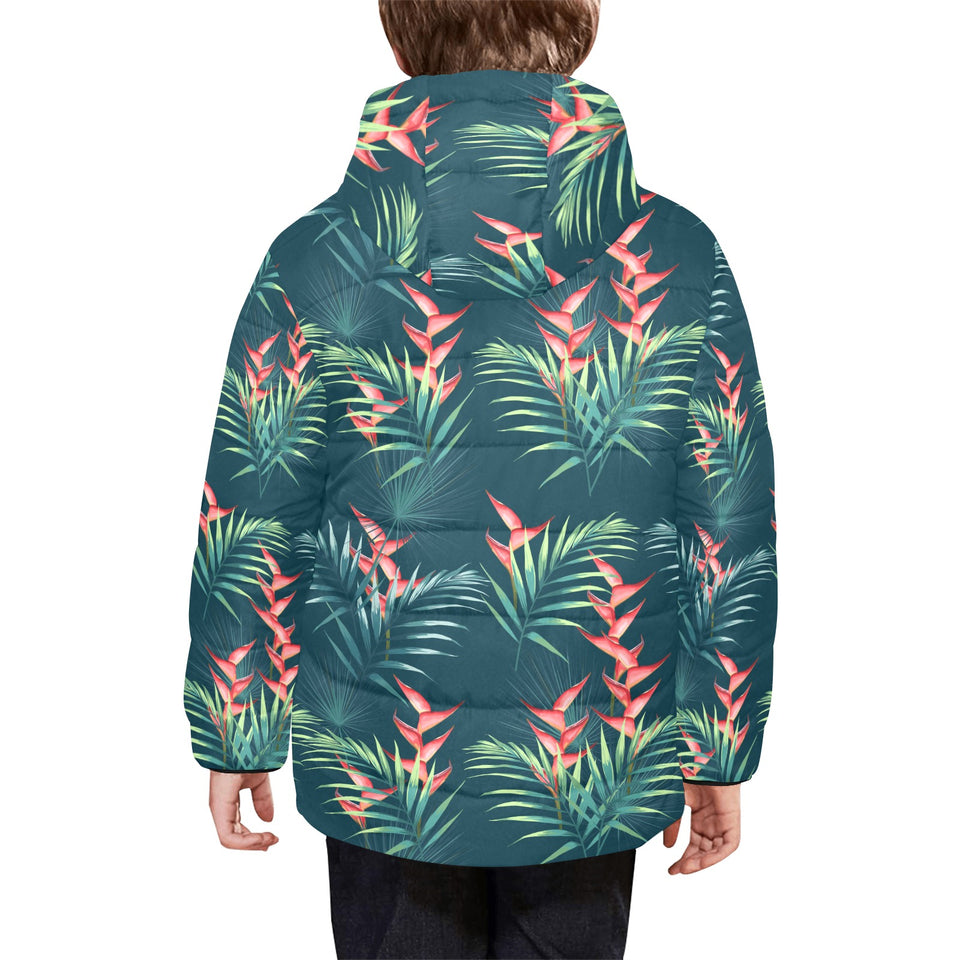 heliconia flowers, palm and monstera leaves on bla Kids' Boys' Girls' Padded Hooded Jacket