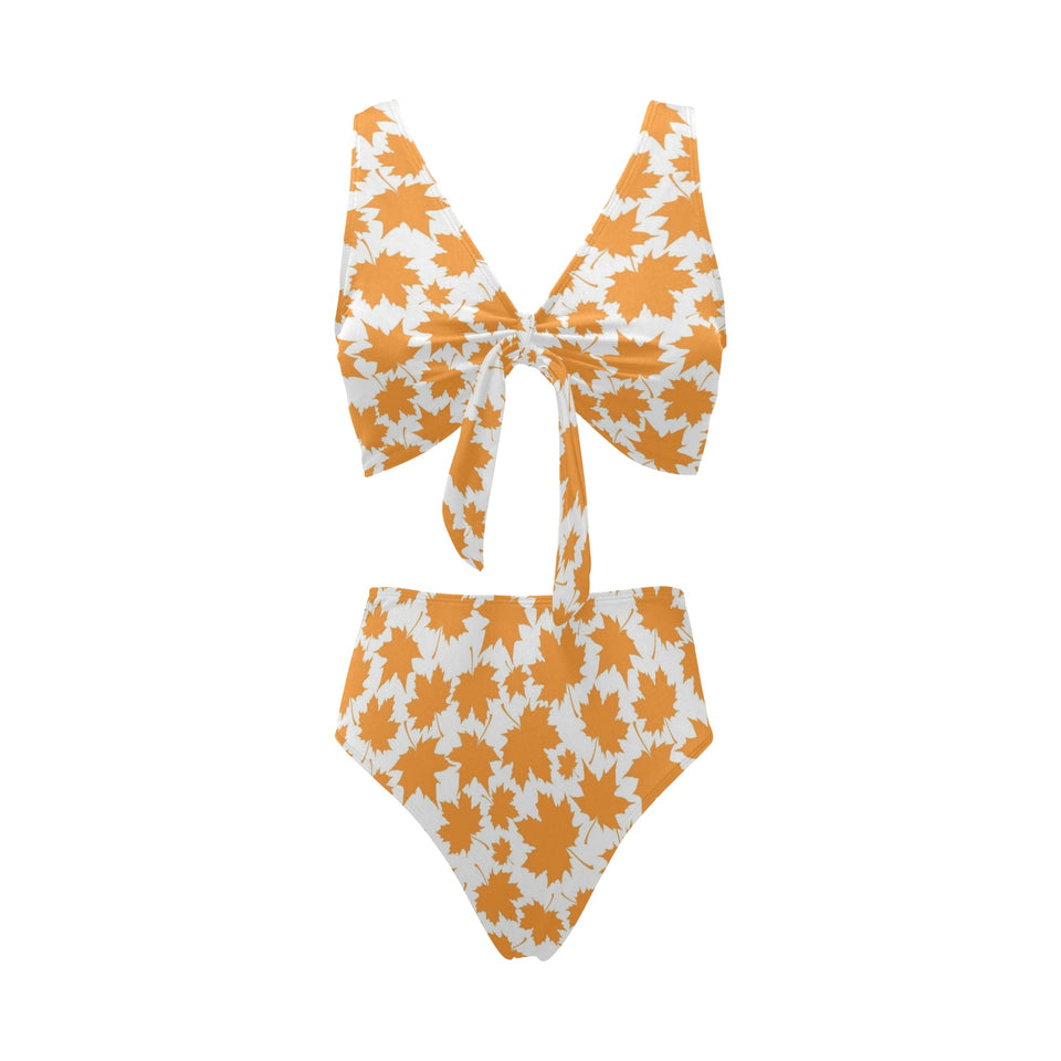 Orange Maple Leaf pattern Chest Bowknot High Waisted Bikini Swimsuit