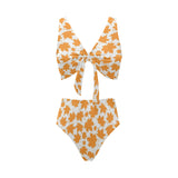 Orange Maple Leaf pattern Chest Bowknot High Waisted Bikini Swimsuit