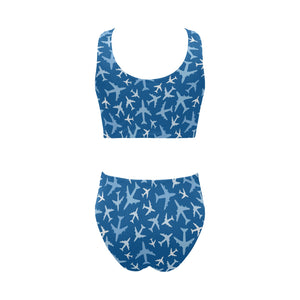 Airplane pattern in the sky Chest Bowknot High Waisted Bikini Swimsuit