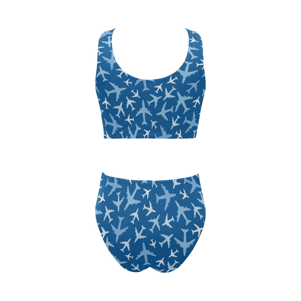 Airplane pattern in the sky Chest Bowknot High Waisted Bikini Swimsuit