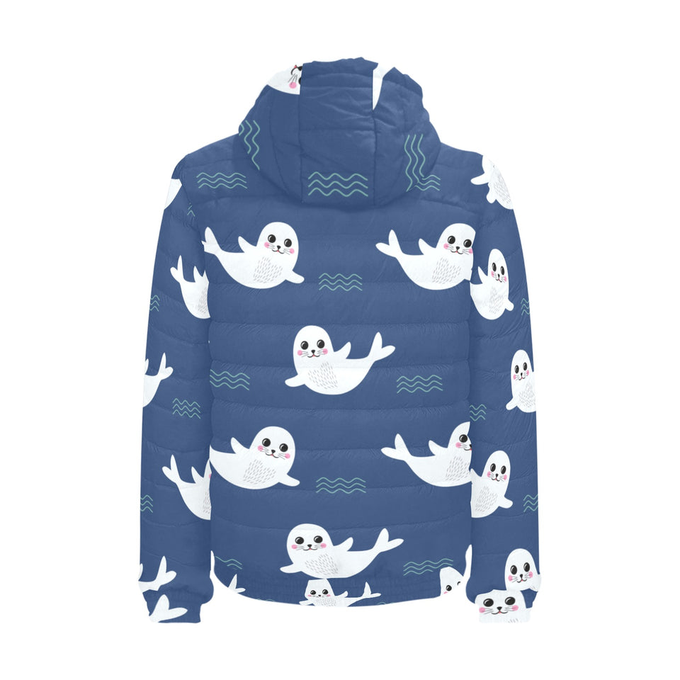 Cute white baby sea lion seal pattern Men's Padded Hooded Jacket