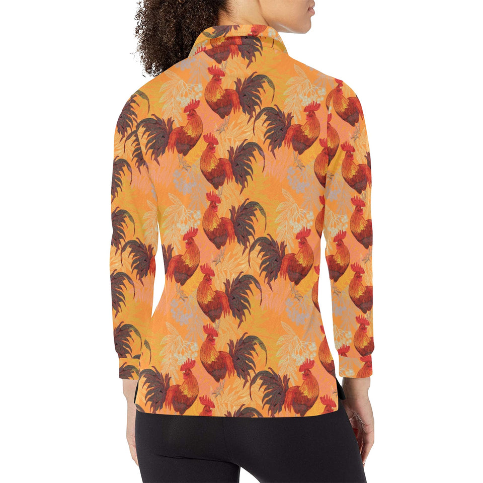 red rooster chicken cock pattern Women's Long Sleeve Polo Shirt