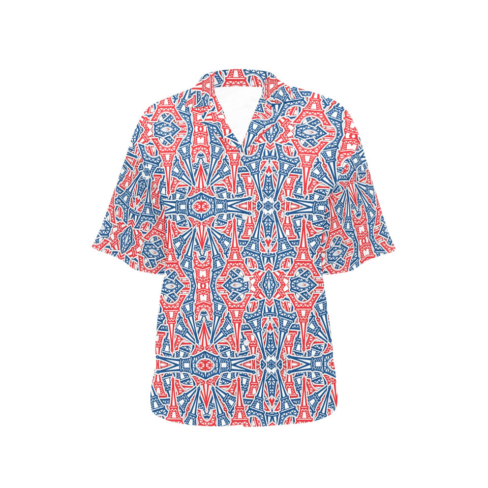 Blue Red Eiffel Tower Pattern Print Design 02 Women's All Over Print Hawaiian Shirt