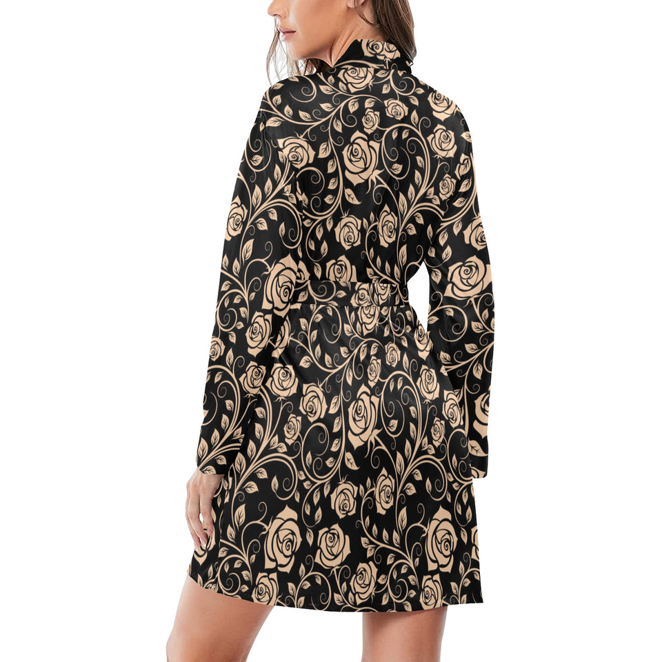 Rose Pattern Print Design 04 Women's Long Sleeve Belted Night Robe