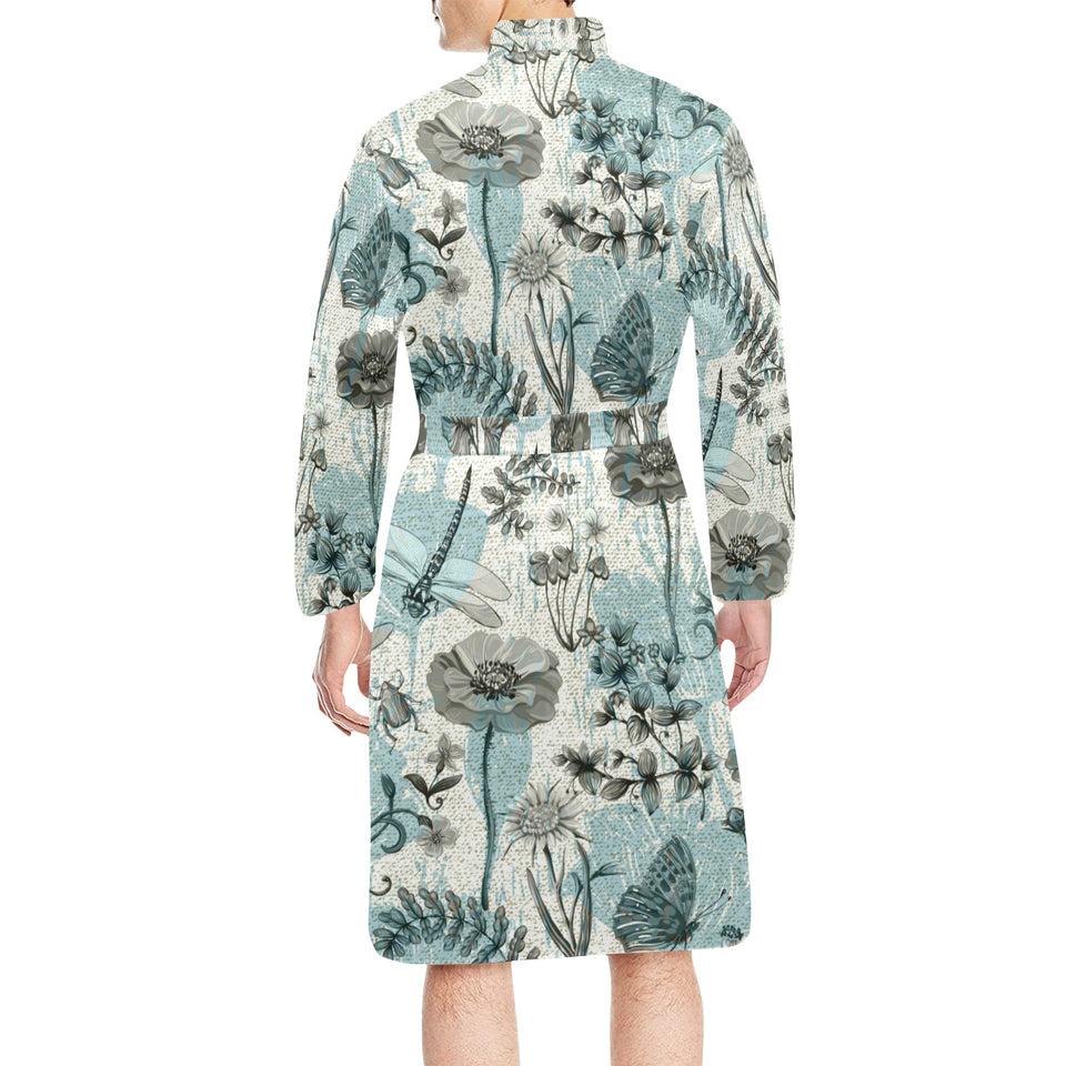 Dragonfly Butterfly Plants insect flower vintage s Men's Long Sleeve Belted Night Robe