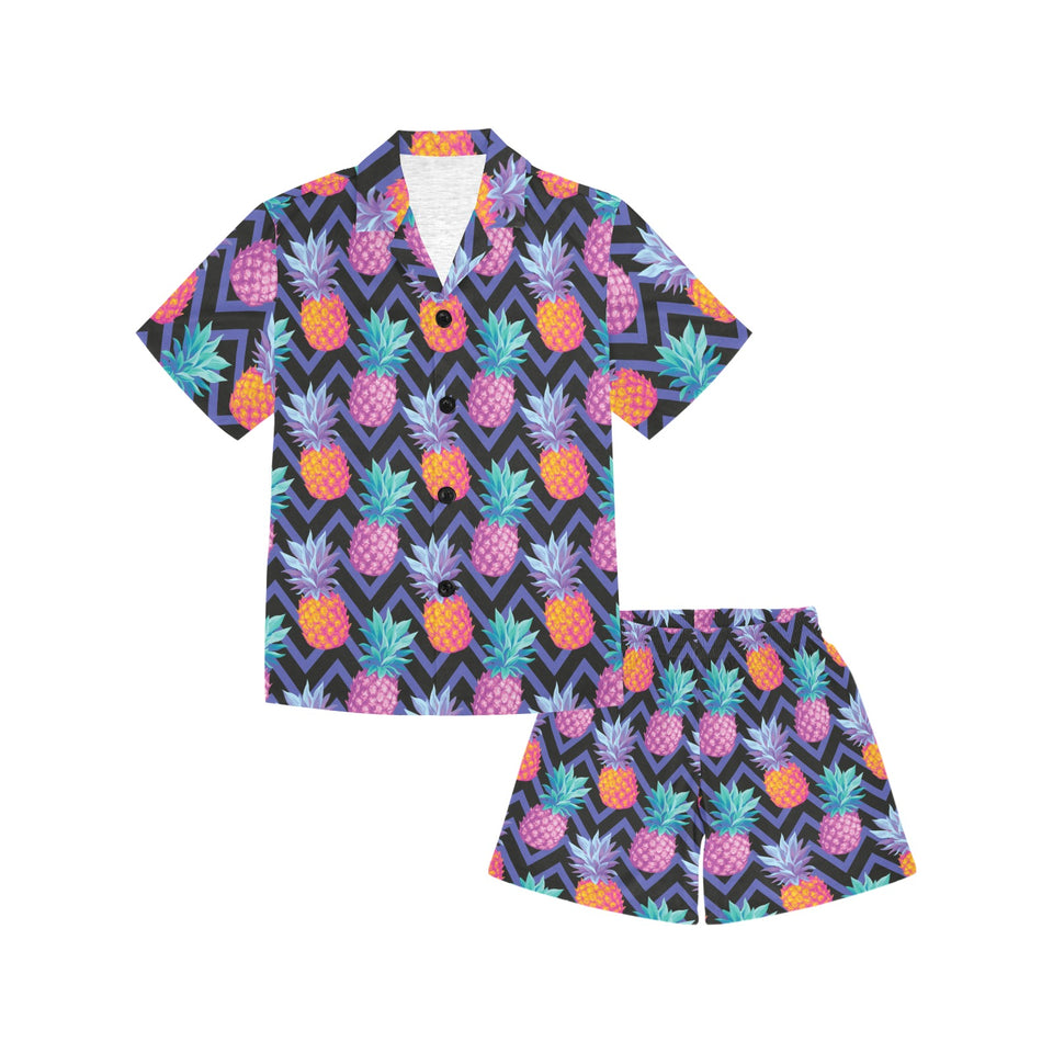 Pineapples pattern zigzag background Kids' Boys' Girls' V-Neck Short Pajama Set