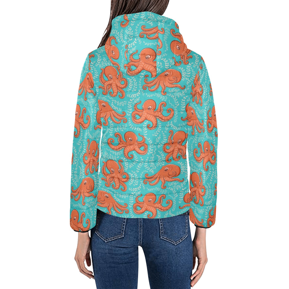 Octopus turquoise background Women's Padded Hooded Jacket