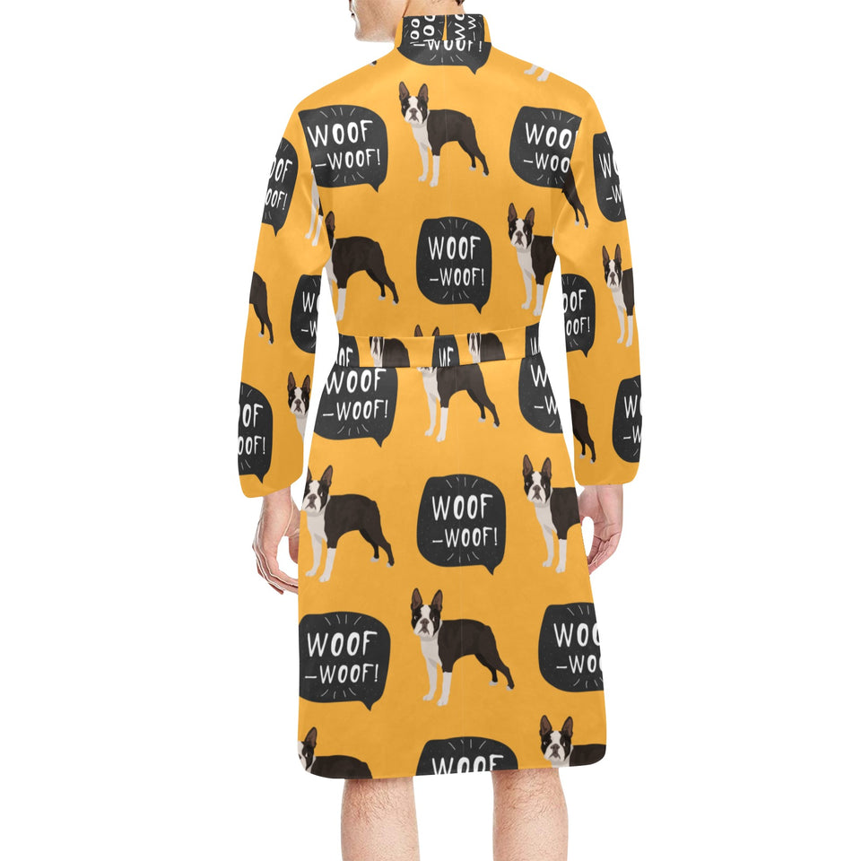Boston terrier design pattern Men's Long Sleeve Belted Night Robe