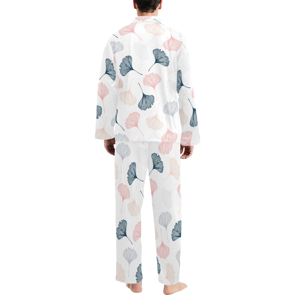 Black Gray Cream coral ginkgo leaves pattern Men's Long Pajama Set