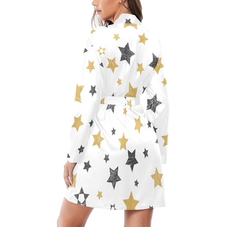 hand drawn gold black star pattern Women's Long Sleeve Belted Night Robe