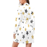 hand drawn gold black star pattern Women's Long Sleeve Belted Night Robe