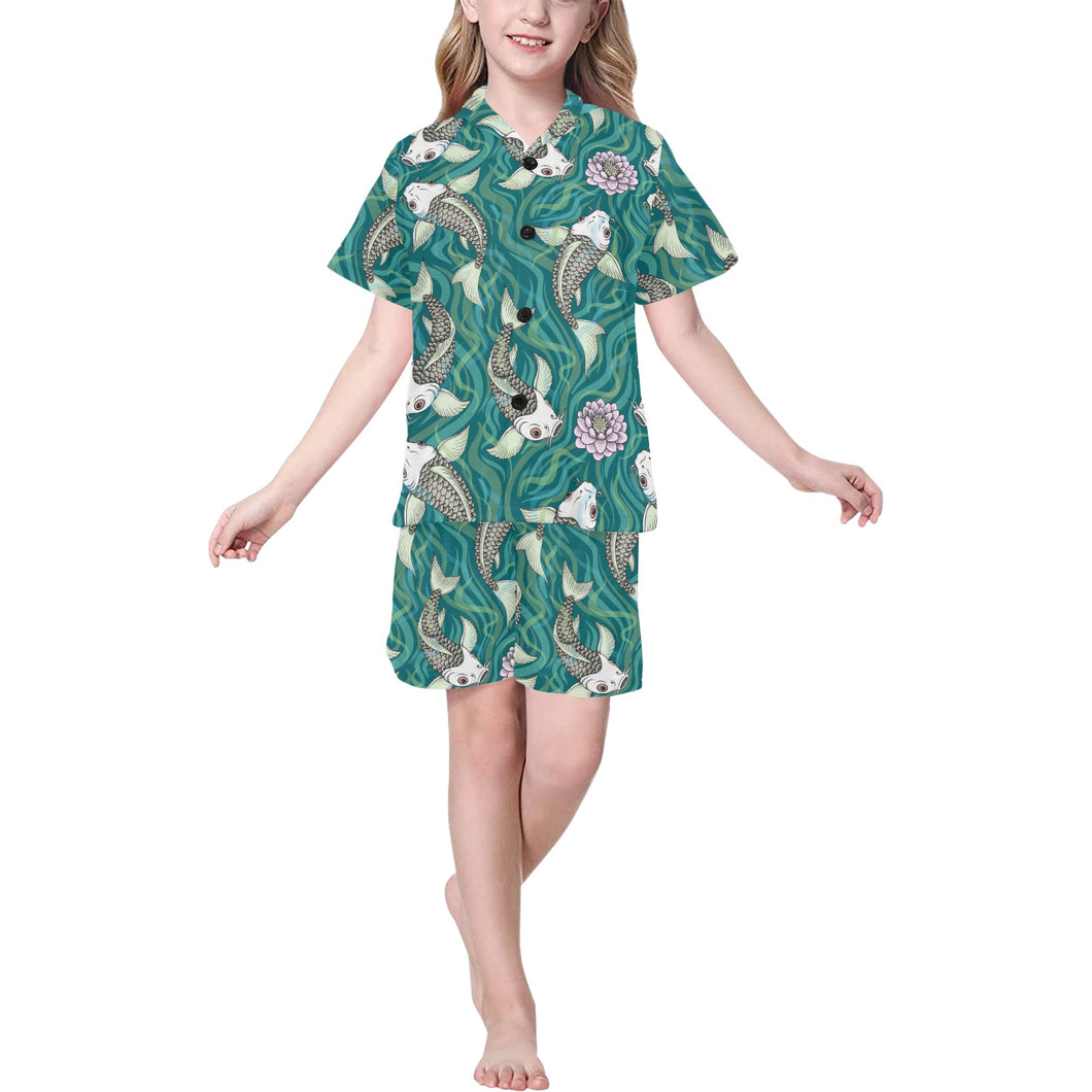 Koi Fish Carp Fish lotus pattern Kids' Boys' Girls' V-Neck Short Pajama Set