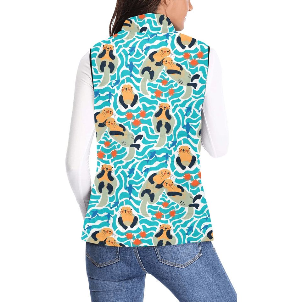 Cute sea otters fishe sea urchin pattern Women's Padded Vest