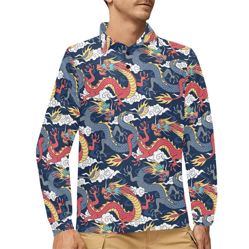 Blue red dragon cloud pattern Men's Long Sleeve Polo Shirt