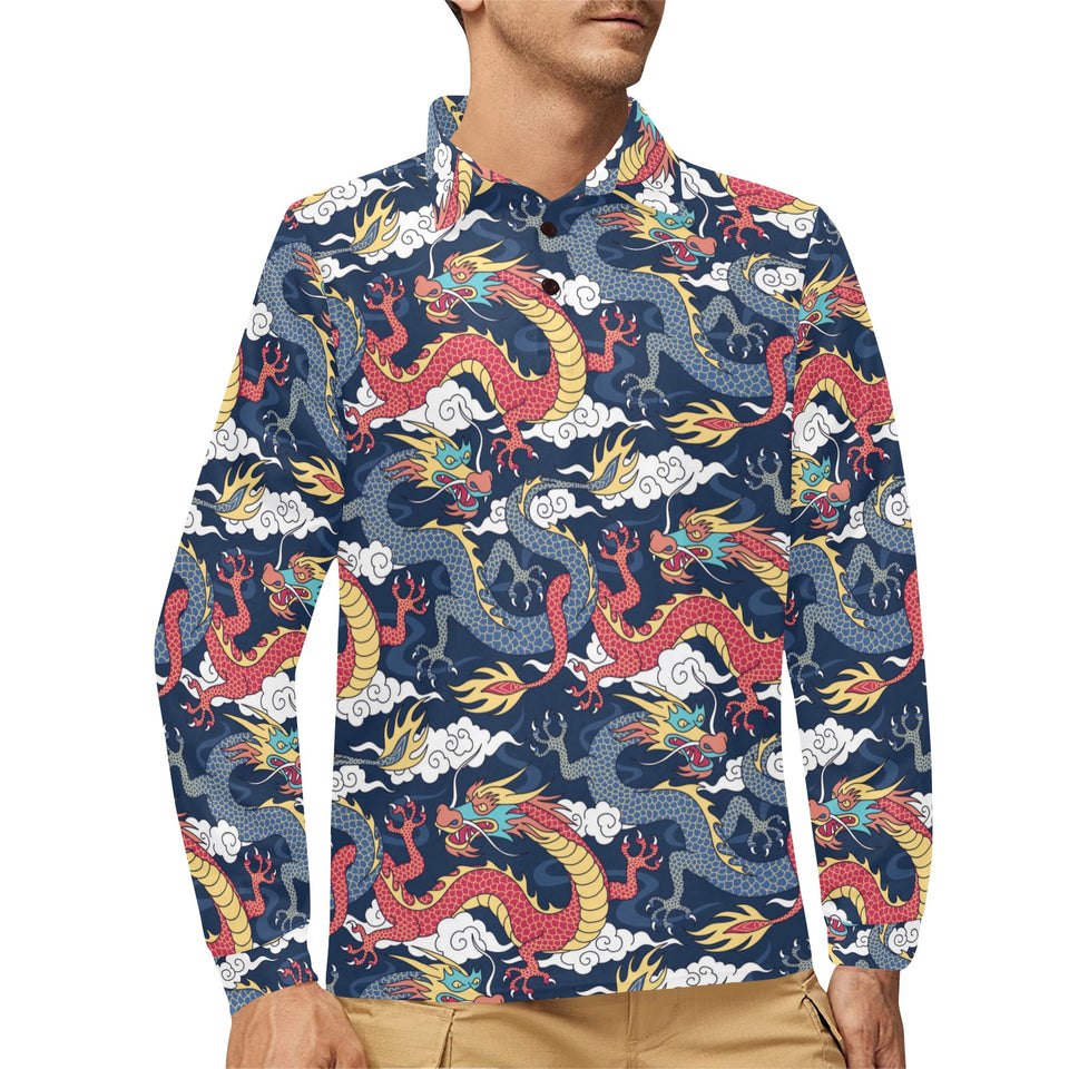 Blue red dragon cloud pattern Men's Long Sleeve Polo Shirt