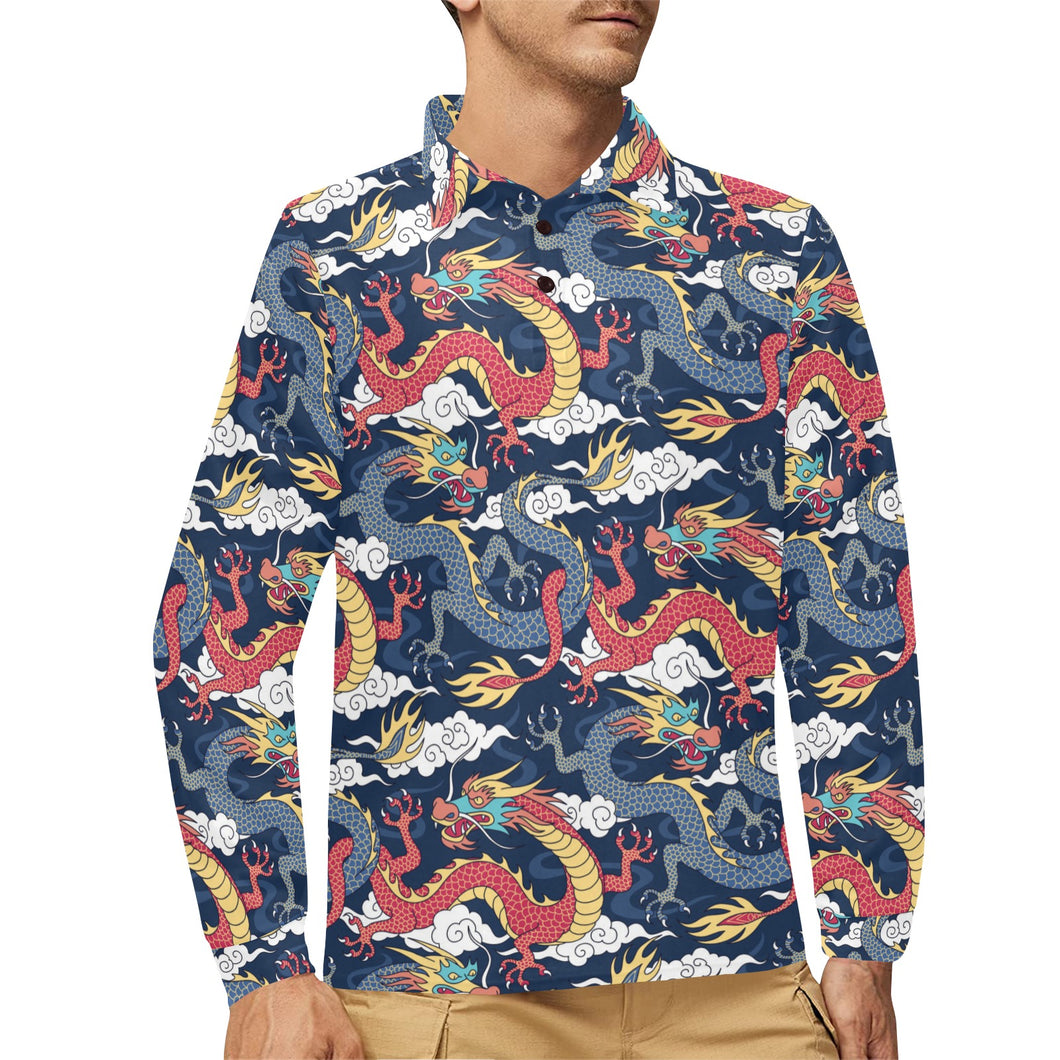 Blue red dragon cloud pattern Men's Long Sleeve Polo Shirt