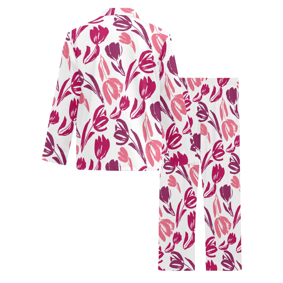 pink sketch tulip pattern Men's Long Pajama Set