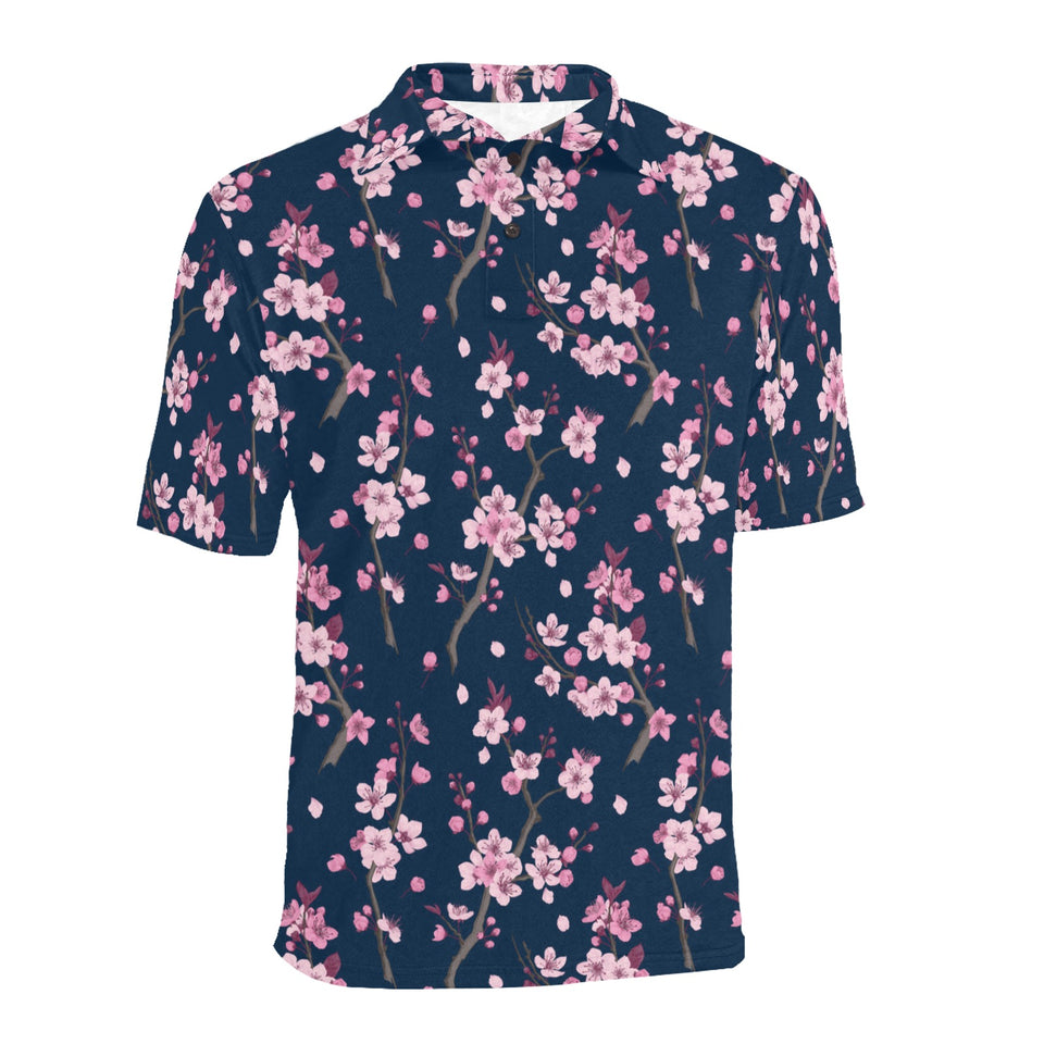 Pink sakura cherry blossom blue background Men's All Over Print Polo Shirt