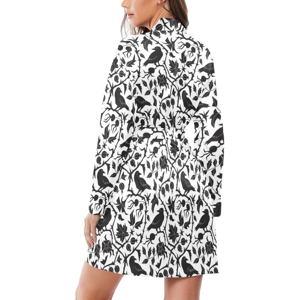 Crow dark floral pattern Women's Long Sleeve Belted Night Robe