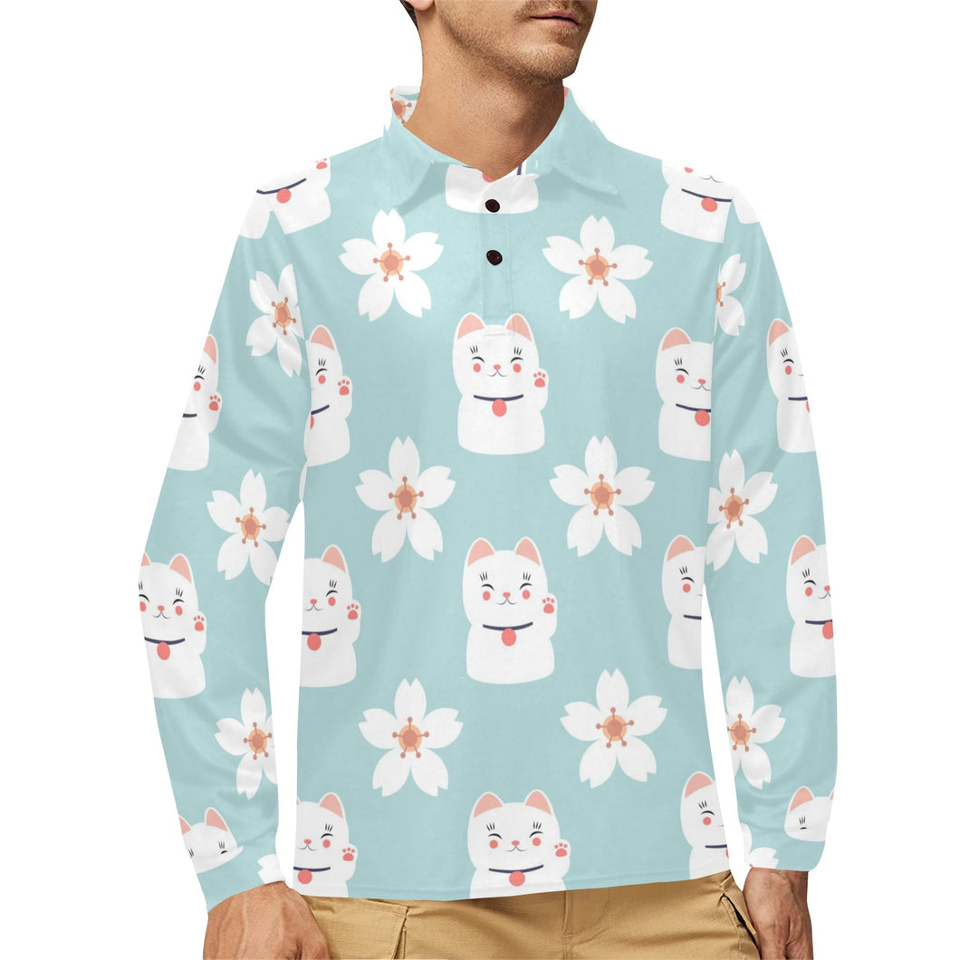 Maneki neko cat sakura Men's Long Sleeve Polo Shirt