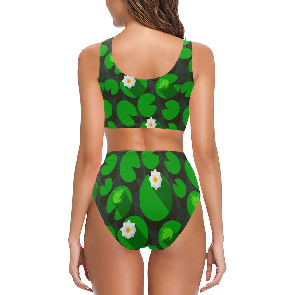 Frog waterlily pattern Chest Bowknot High Waisted Bikini Swimsuit