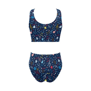 Music Notes Pattern Print Design 03 Chest Bowknot High Waisted Bikini Swimsuit