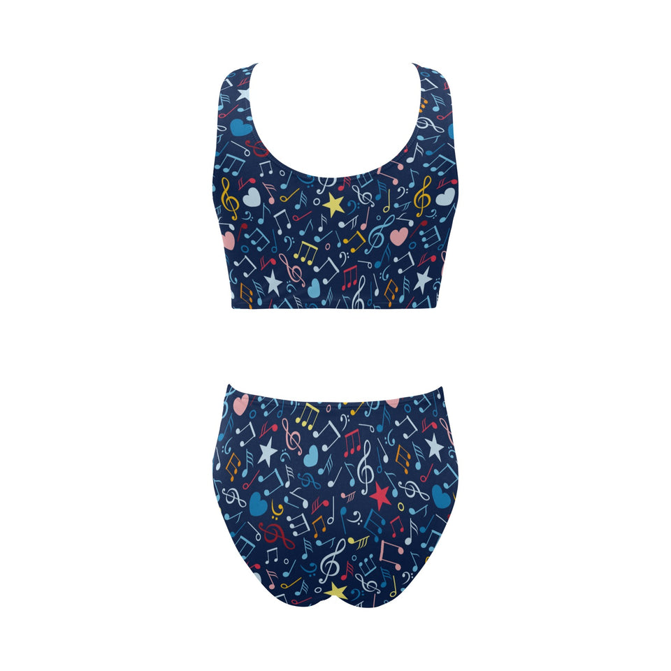 Music Notes Pattern Print Design 03 Chest Bowknot High Waisted Bikini Swimsuit