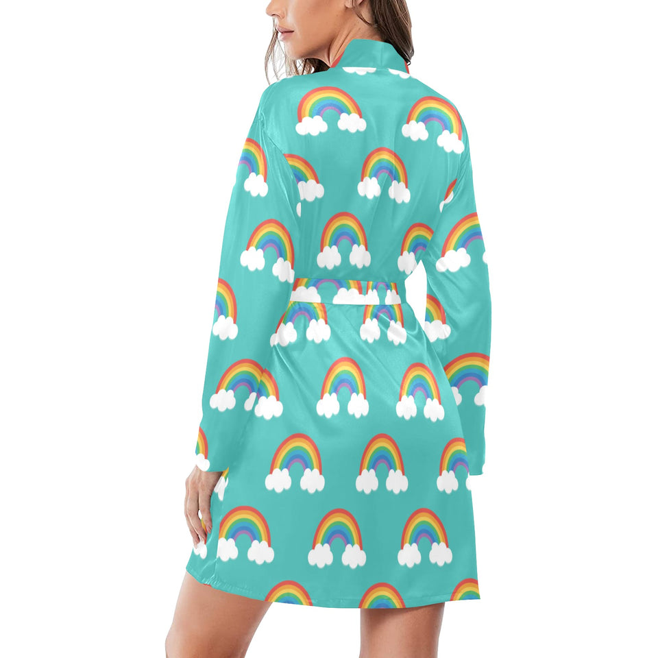 Rainbow pattern green background Women's Long Sleeve Belted Night Robe