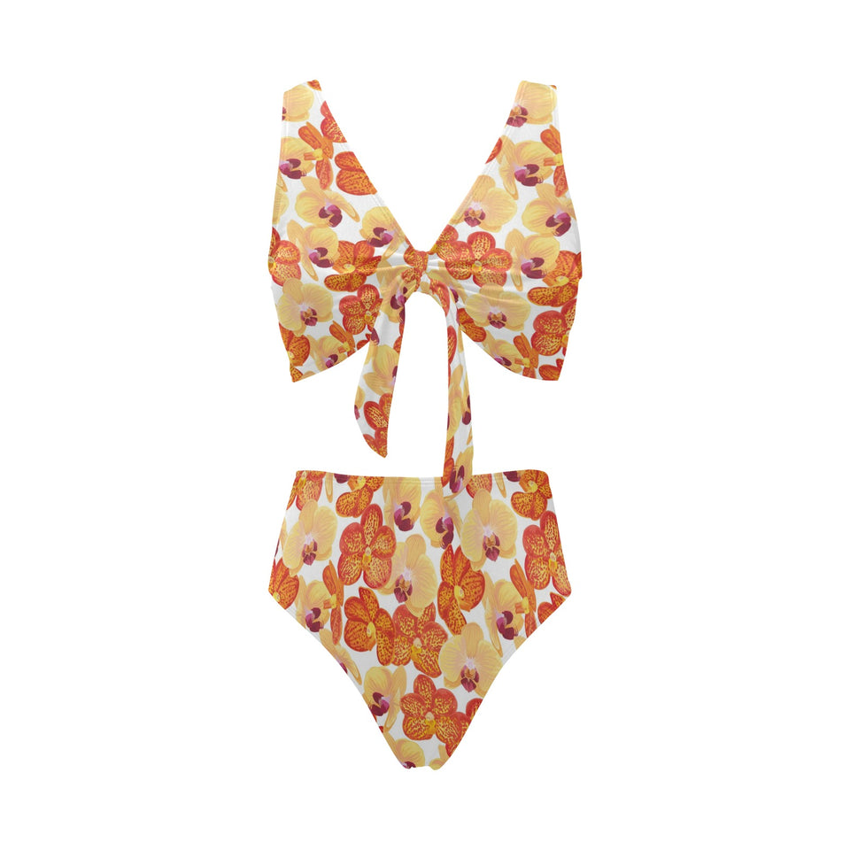 Orange yellow orchid flower pattern background Chest Bowknot High Waisted Bikini Swimsuit