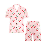 cherry pattern pink background Men's V-Neck Short Pajama Set