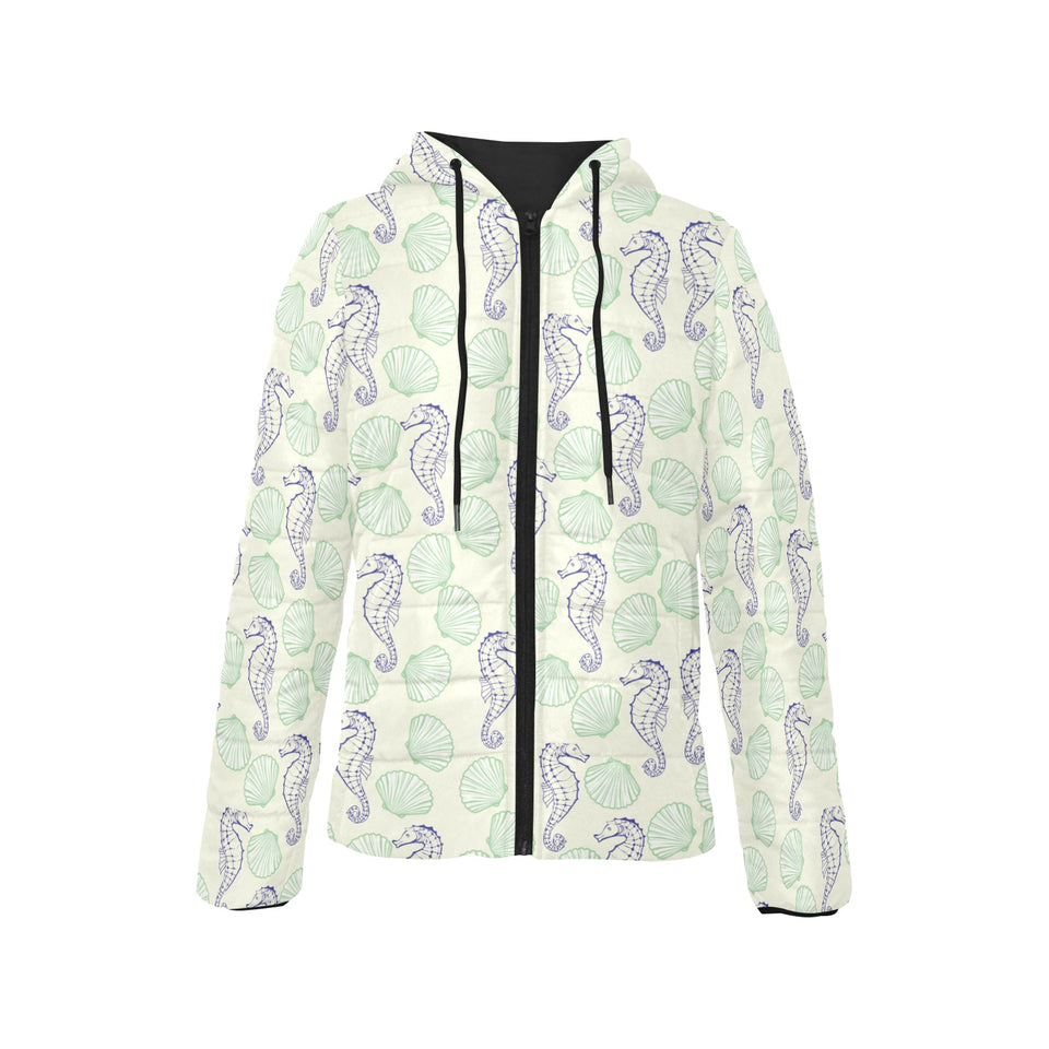 Seahorse shell pattern Women's Padded Hooded Jacket