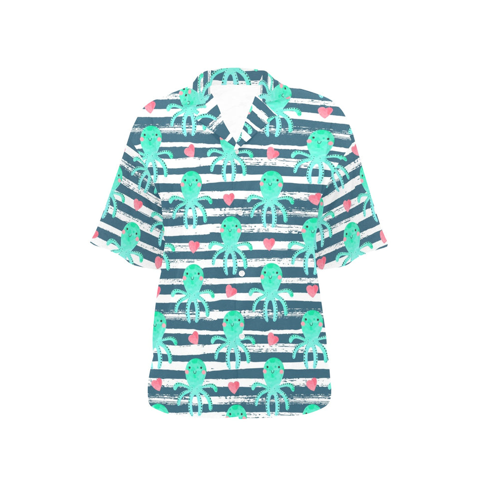 Cute octopuses heart striped background Women's All Over Print Hawaiian Shirt