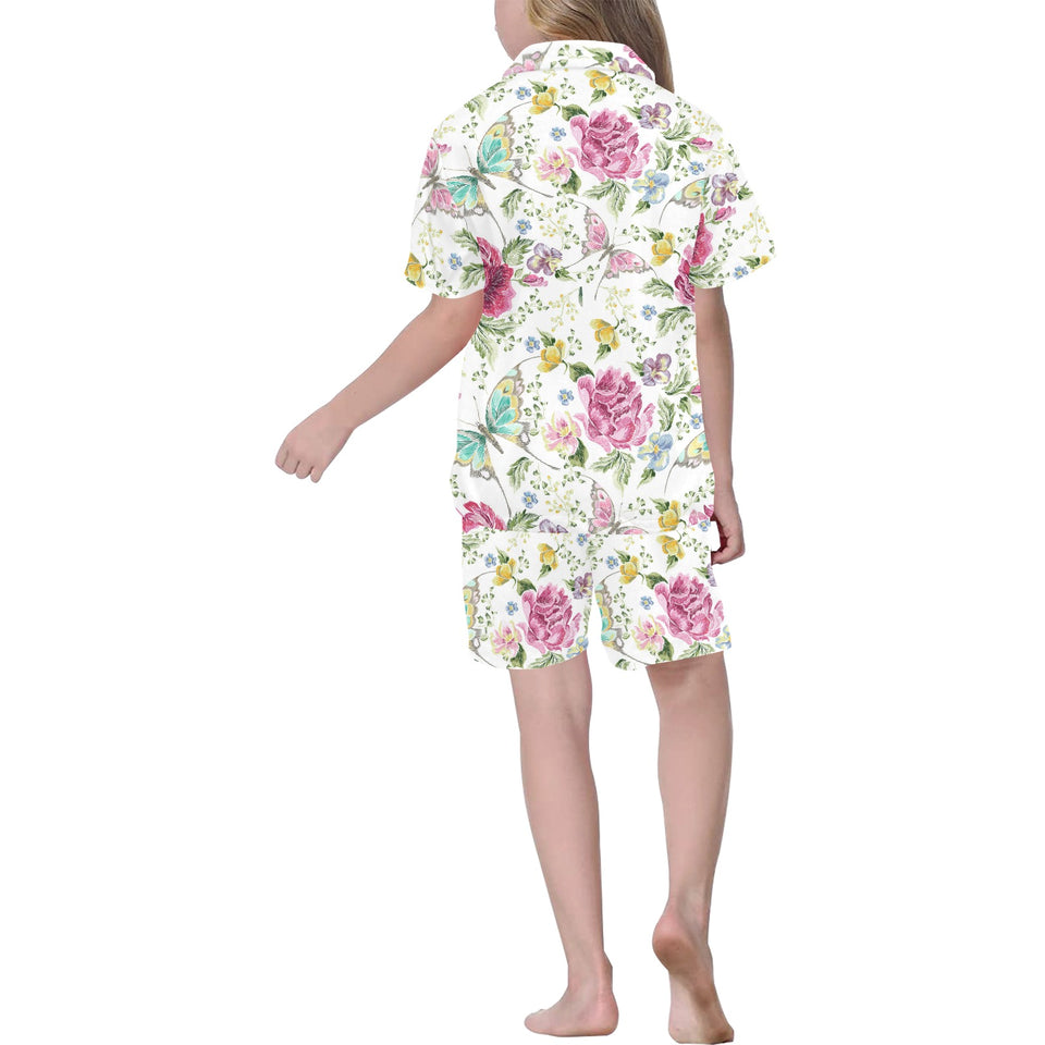Hand drawn butterfly rose Kids' Boys' Girls' V-Neck Short Pajama Set