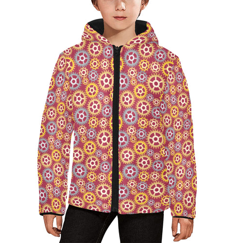 Gear Pattern Print Design 04 Kids' Boys' Girls' Padded Hooded Jacket