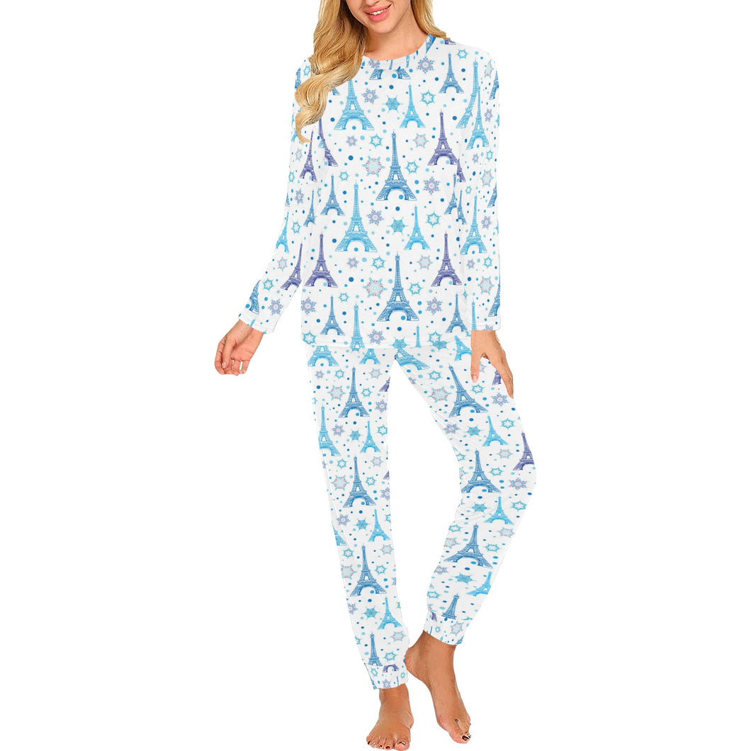 Blue Eiffel Tower Theme Pattern Print Design 01 Women's All Over Print Pajama Set