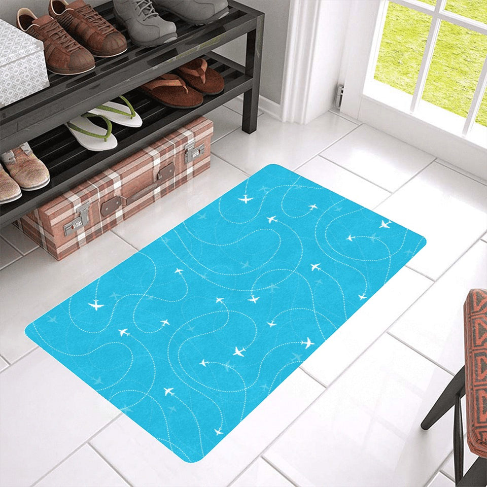 Airplane destinations blue background Doormat