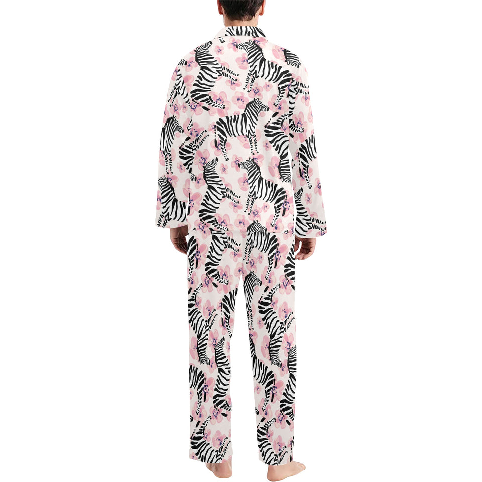 Zebra pink flower background Men's Long Pajama Set