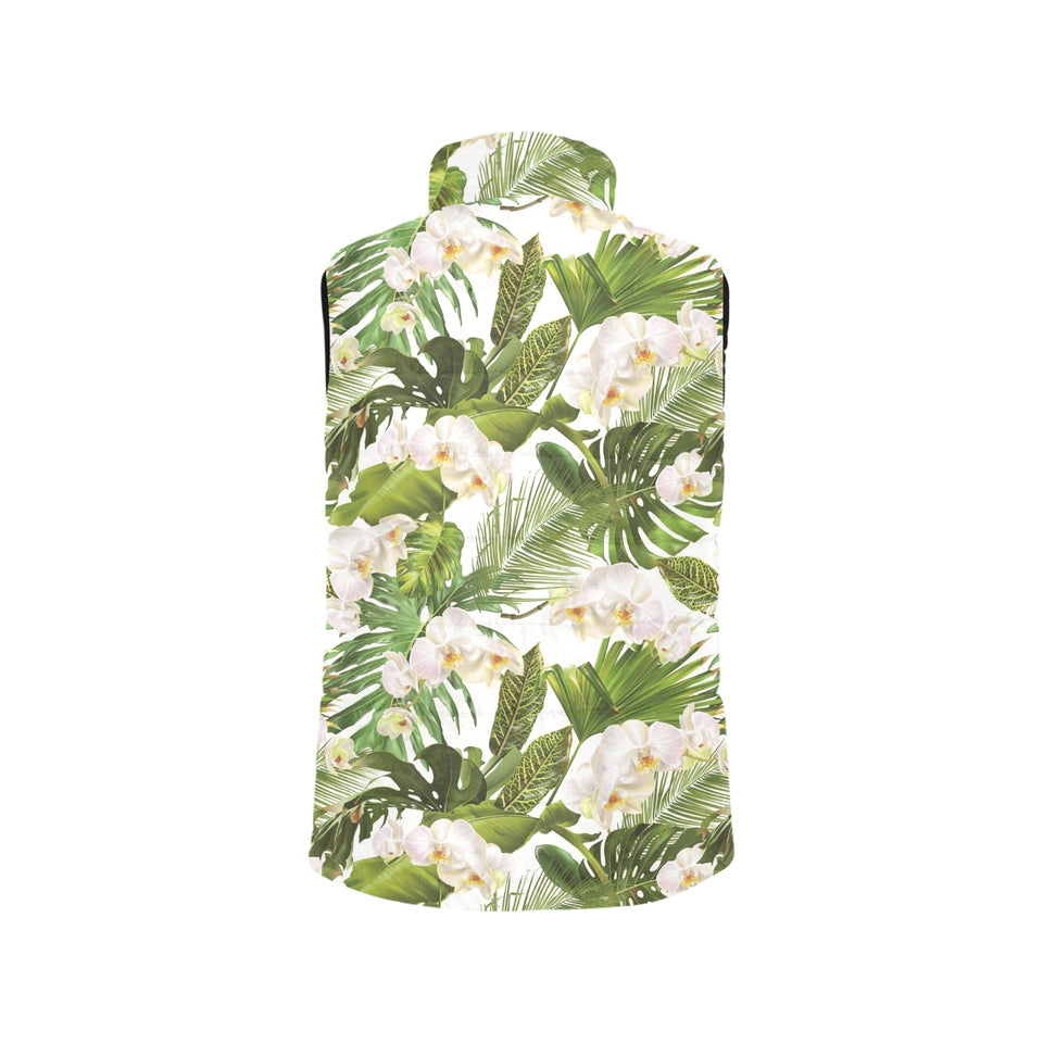 White orchid flower tropical leaves pattern Women's Padded Vest